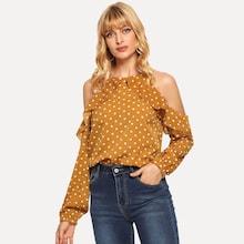 Shein Open Shoulder Ruffle Trim Dot Top