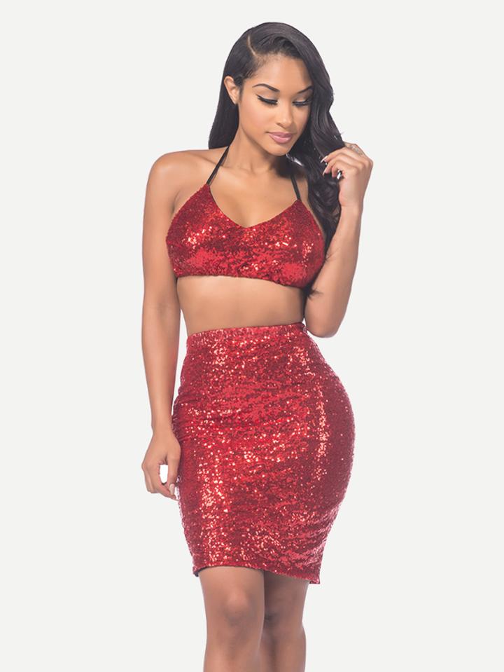 Shein Glitter Tie Back Halter Top With Skirt
