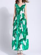 Shein Green V Neck Print A-line Maxi Dress