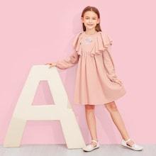 Shein Girls Keyhole Back Ruffle Trim Patched Detail Dress