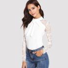Shein Tie Neck Lace Sleeve Fitted Top