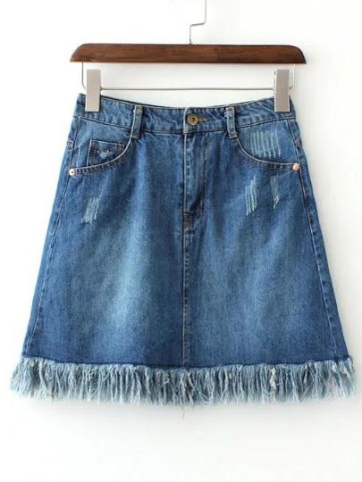 Shein Blue Pockets Scratch Fringe Hem Denim Skirt