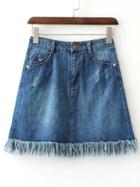 Shein Blue Pockets Scratch Fringe Hem Denim Skirt