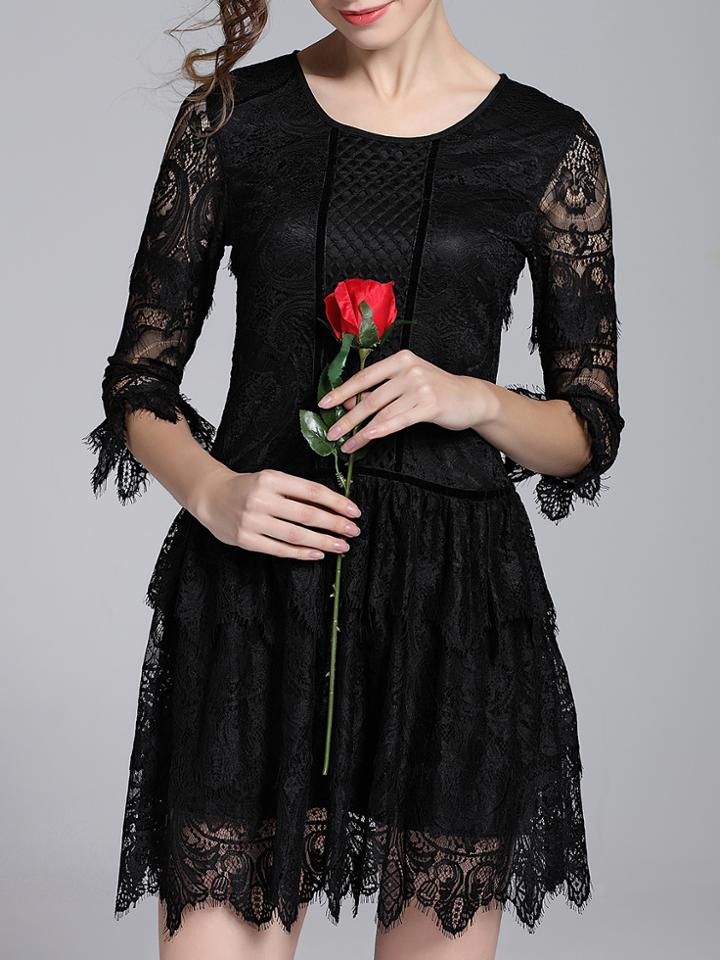 Shein Black Crew Neck A-line Lace Dress
