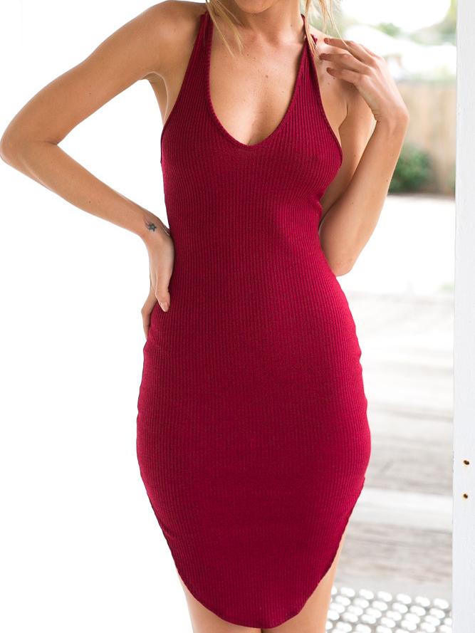 Shein Red Halter Backless Sex Tricot Knit Bodycon Dress