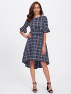 Shein Ruffle Cuff And Waist Grid Dip Hem Dress