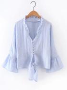 Shein Bell Sleeve Frill Trim Knot Front Blouse