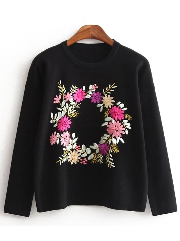Shein Black Crew Neck Owl Embroidered Sweatshirt With Cape
