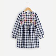 Shein Girls Botanical Embroidered Buttoned Gingham Dress