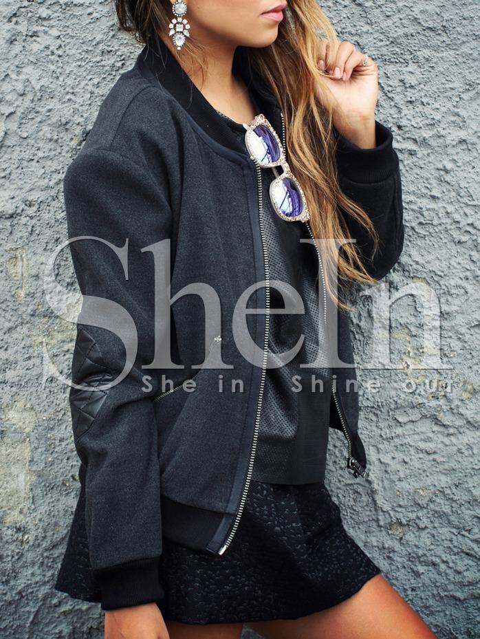 Shein Dark Grey Zipper Elbow Diamond Jacket