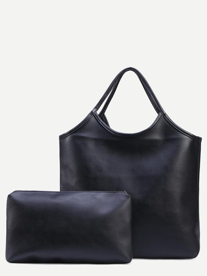Shein Black Faux Leather Shopper Bag With Make Up Bag