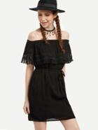 Shein Black Belted Lace Trimmed Off The Shoulder Dress