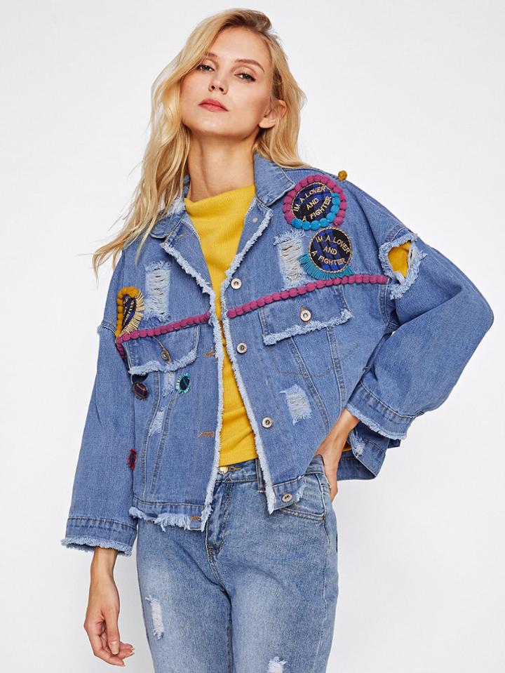 Shein Ripped Denim Jacket With Pom Pom And Appliques