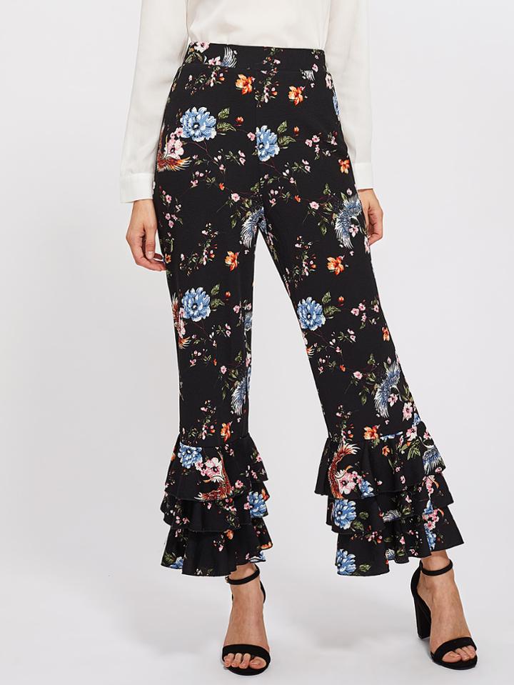 Shein Tiered Ruffle Hem Botanical Pants