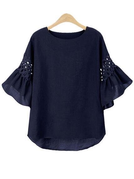 Shein Navy Ruffle Sleeve Dip Hem Blouse