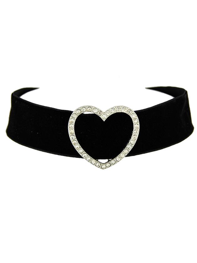 Shein Black Wide Velvet Rhinestone Heart Choker Necklace
