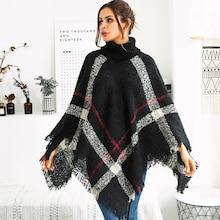 Shein Plaid Fringe Hem Poncho Sweater