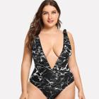 Shein Plus V-plunge Marble Print Swimsuit