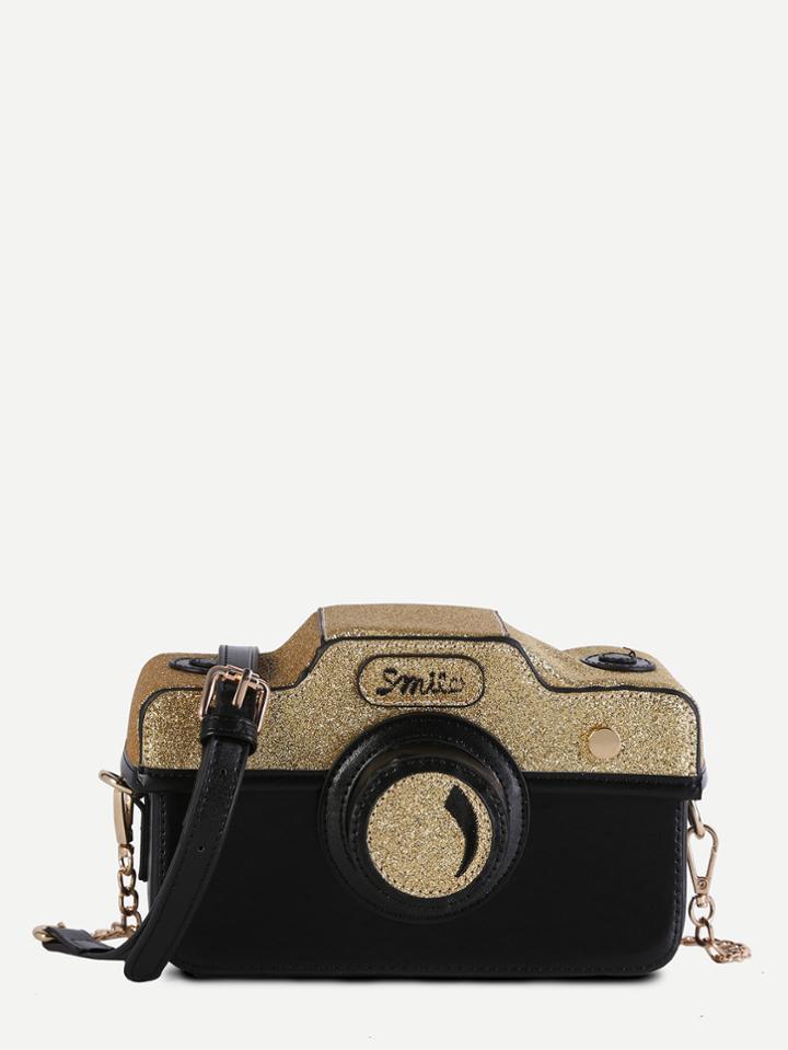 Shein Mini Black Faux Leather Camera Bag With Chain