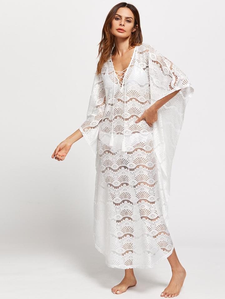 Shein Tasseled Lace Up Lace Poncho Dress