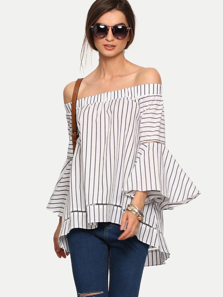 Shein Bardot Bell Sleeve Vertical Striped Blouse