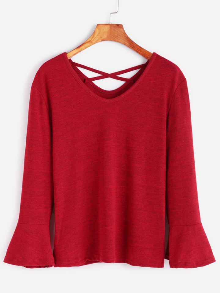 Shein Burgundy Bell Sleeve Lattice Back T-shirt