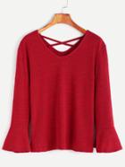 Shein Burgundy Bell Sleeve Lattice Back T-shirt