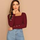 Shein Button Detail Square Neck Ribbed Knit Tee