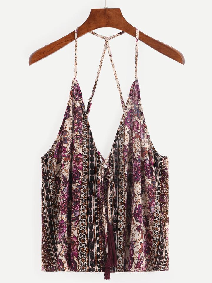 Shein Tassel-tie Strappy Multicolor Flower Print Cami Top