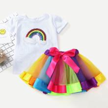 Shein Girls Sequin Tee With Rainbow Mesh Skirt