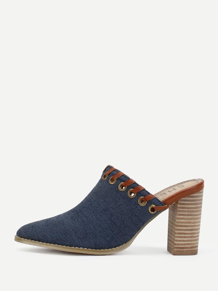 Shein Grommet Trim Design Block Heeled Denim Pumps