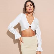 Shein Ruffle Cuff O-ring Detail Crop Top