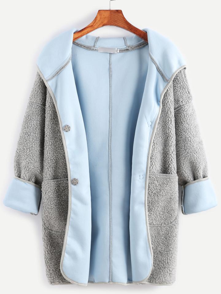 Shein Grey Hooded Drop Shoulder Sherpa Coat