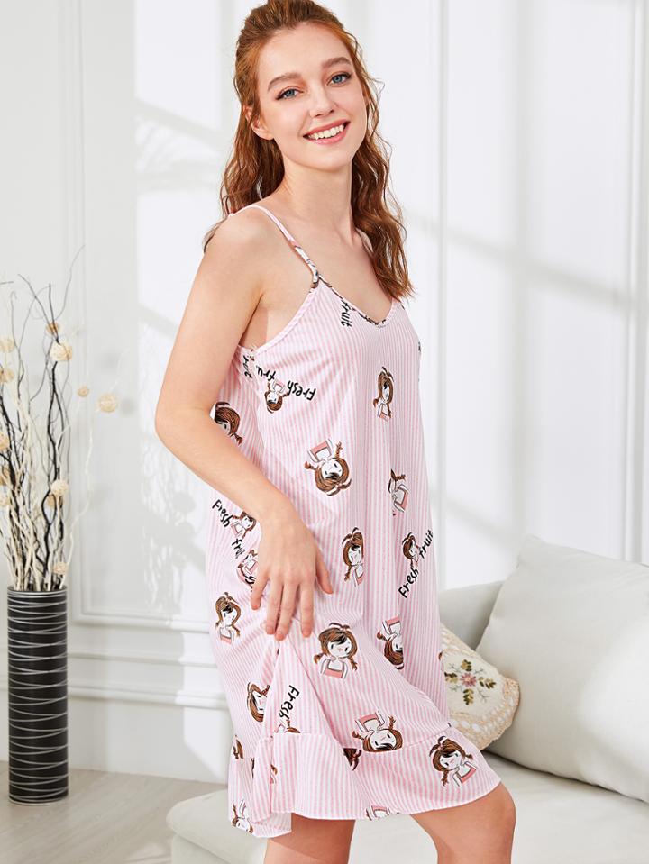 Shein Girl Print Ruffle Hem Dress With Eye Mask