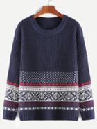 Shein Navy Geometric Pattern Drop Shoulder Sweater