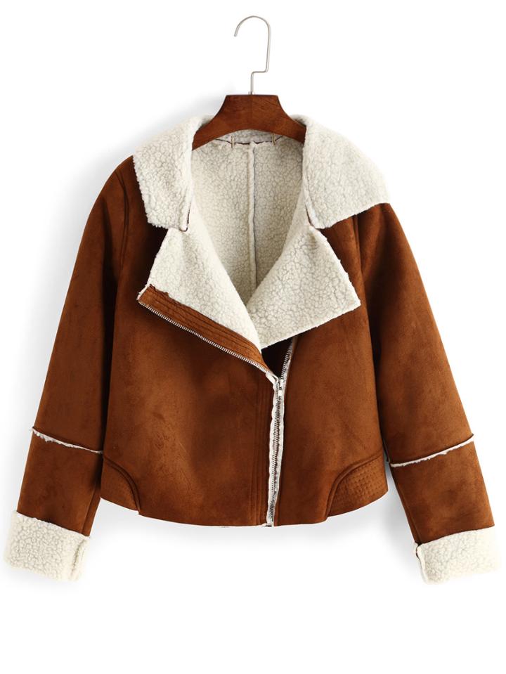 Shein Brown Lapel Oblique Zipper Crop Coat