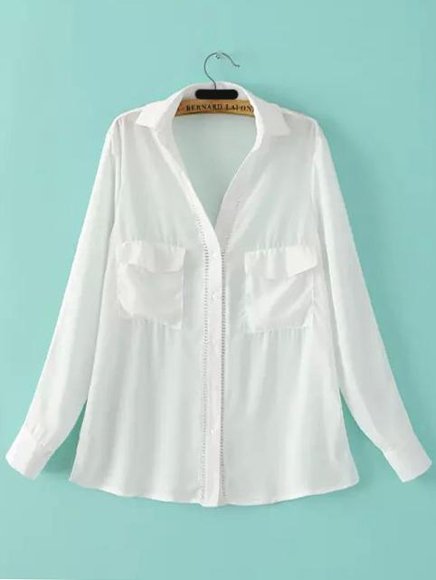 Shein White Lapel Crochet Pockets Loose Blouse
