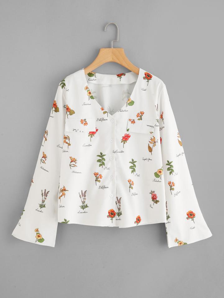 Shein Bell Sleeve Flower Print Button Up Shirt