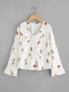 Shein Bell Sleeve Flower Print Button Up Shirt