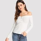 Shein Off Shoulder Button Ribbed Knot Tee