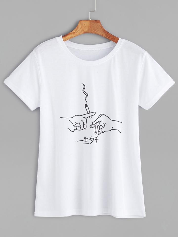 Shein White Hand Print Casual T-shirt