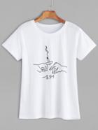 Shein White Hand Print Casual T-shirt