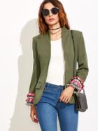 Shein Army Green Contrast Cuff Pom Pom Fringe Blazer
