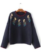Shein Navy Floral Embroidery Drop Shoulder Sweater