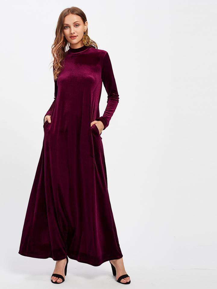 Shein Mock Neck Pocket Side Velvet Kaftan Dress