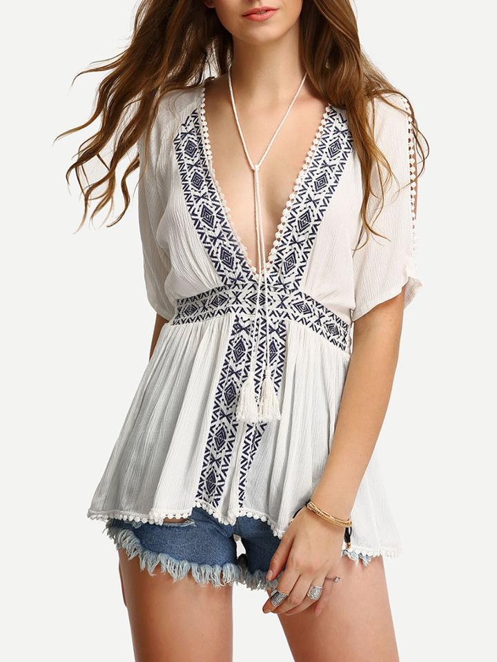 Shein Embroidery Slit Sleeve Deep V Blouse
