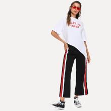Shein Letter Print Tee & Stripe Contrast Pants