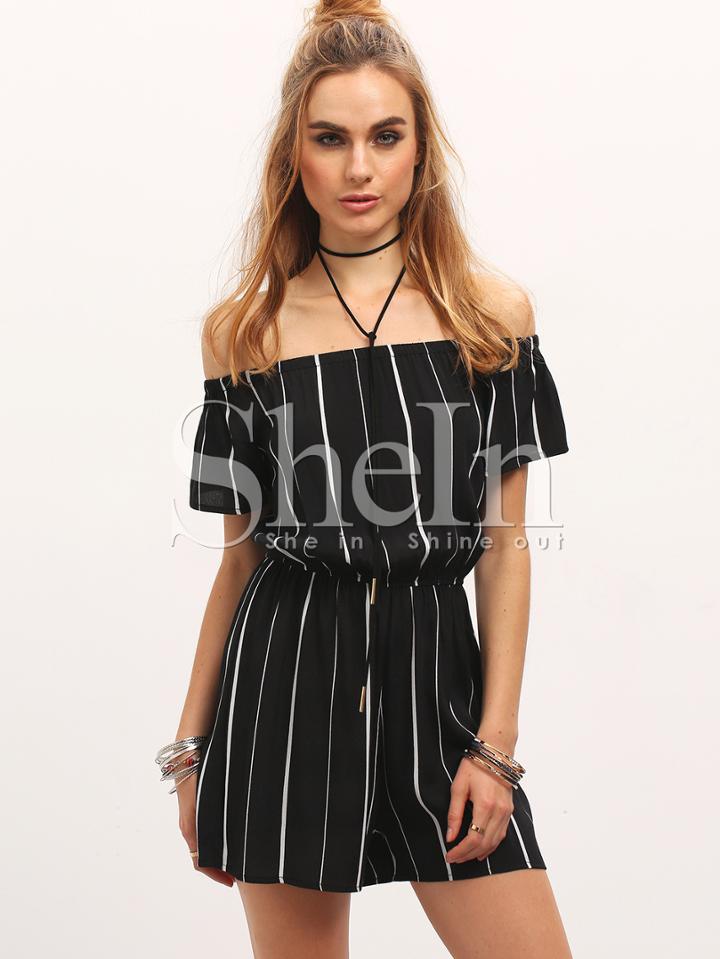 Shein Black Off The Shoulder Vertical Striped Jumpsuit
