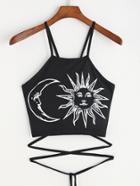 Shein Navy Moon And Sun Print Lace Up Cami Top