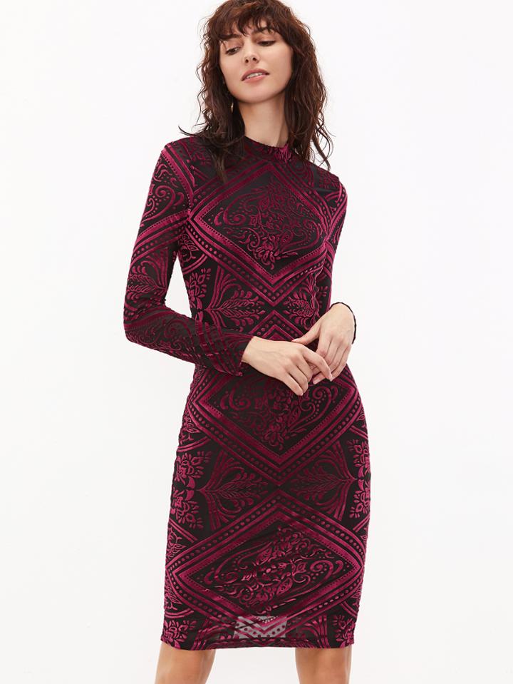 Shein Burgundy Vintage Print Slit Back Pencil Dress